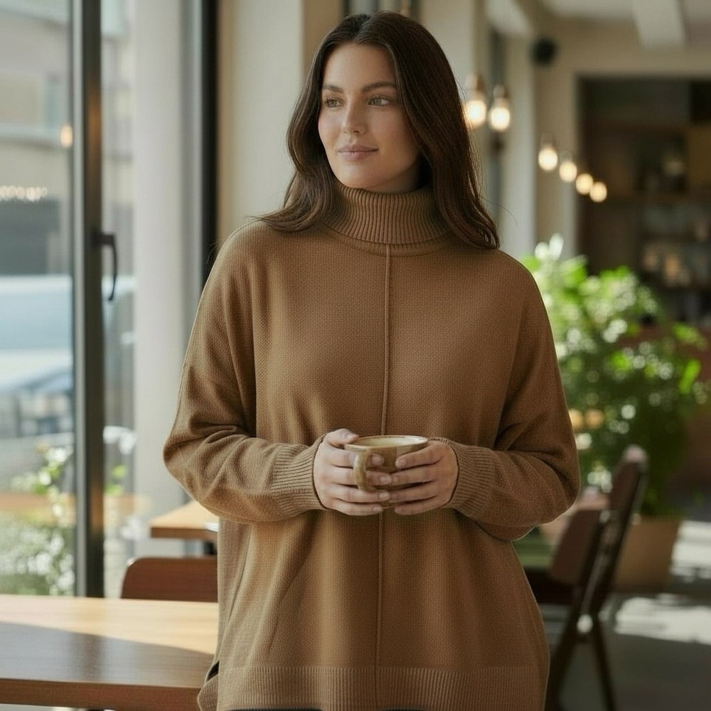 Women's Mod Boutique Tan Brown Turtleneck Sweater Size XL Super Soft Oversized‎